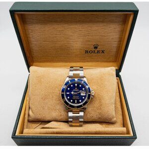 RARE Rolex BLUE SUBMARINER MINT 18k Yellow Gold SS Mens Watch BOX PAPERS